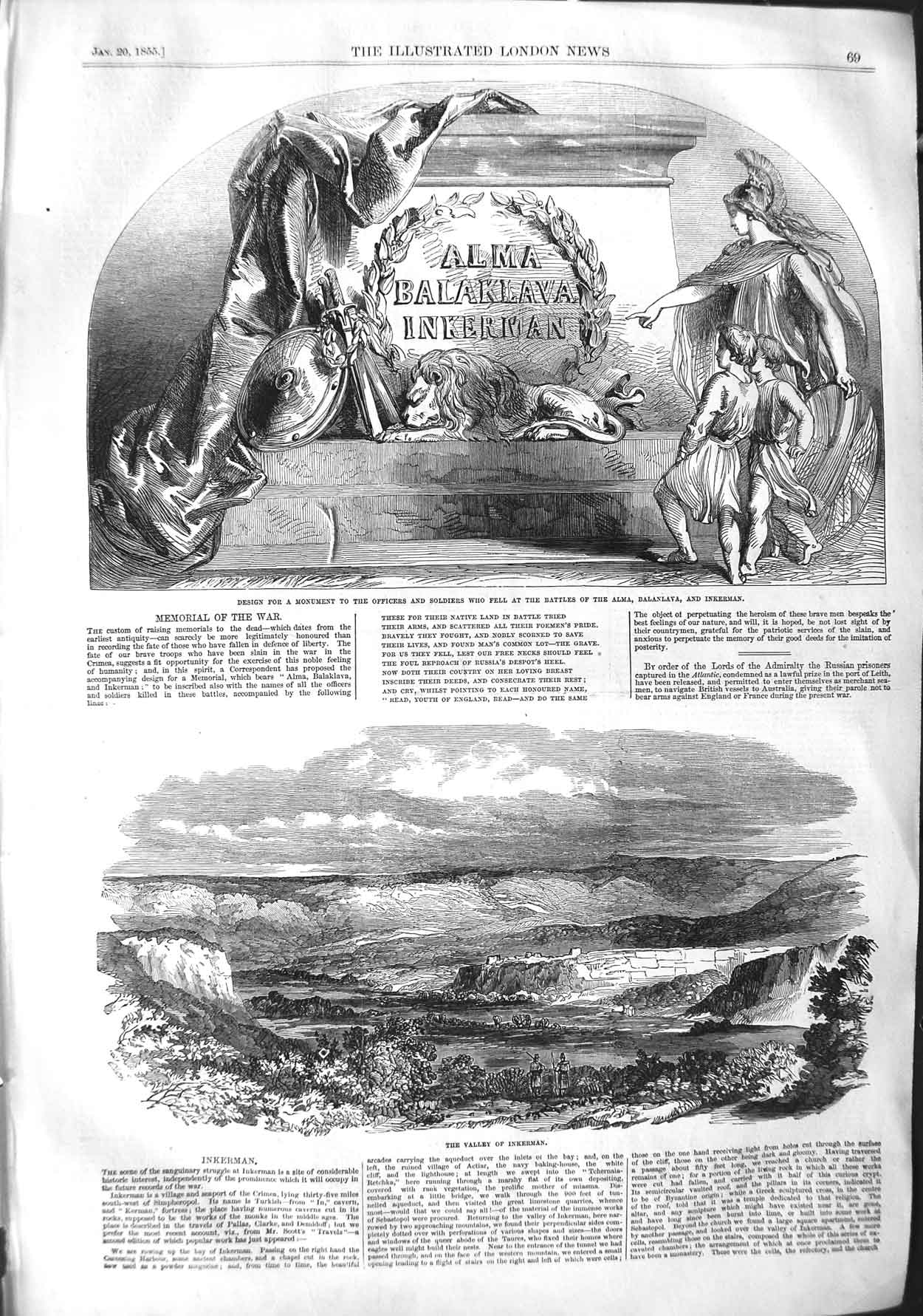 Original Old Antique Print 1855 Monument Officers Siers Battle Alma Inkerman