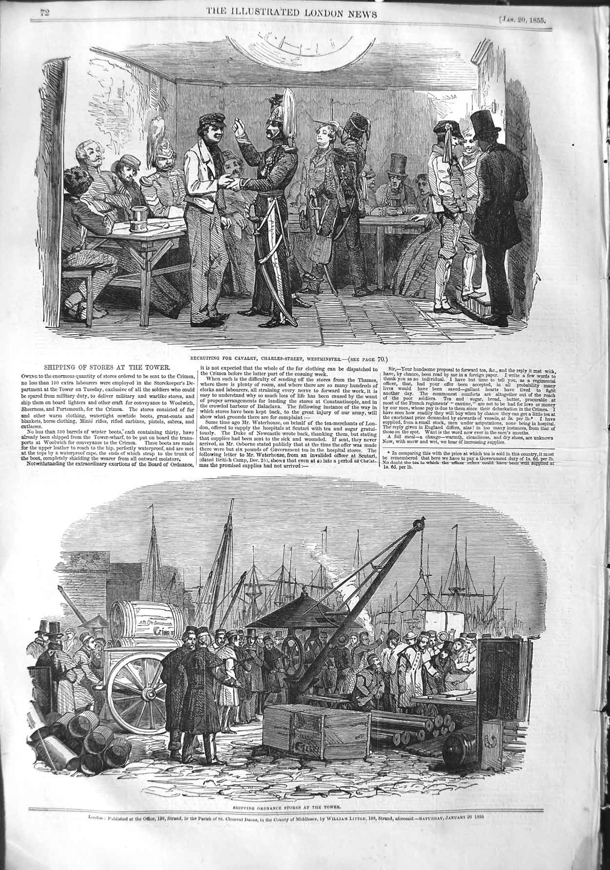 Original Old Antique Print 1855 Shipping Stores Tower Cavalry Westminster War