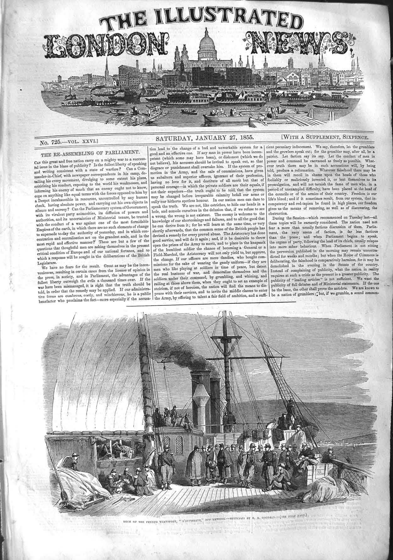 Original Old Antique Print 1855 Ship Deck French Transport L'Euphratz Messina