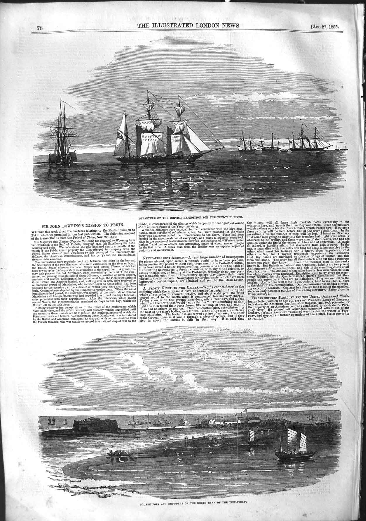 Old Antique Print 1855 British Expedition Ships Tien-Tsin River Bowring 19th