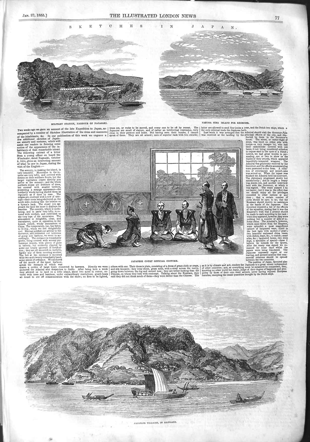 Original Old Antique Print 1855 Japan Military Station Nagasaki Nazuma Sima 19th