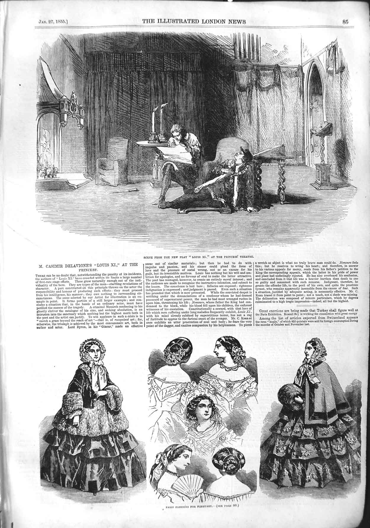 Original Old Antique Print 1855 Scene Delavigne Louis Princess Theatre Fashion