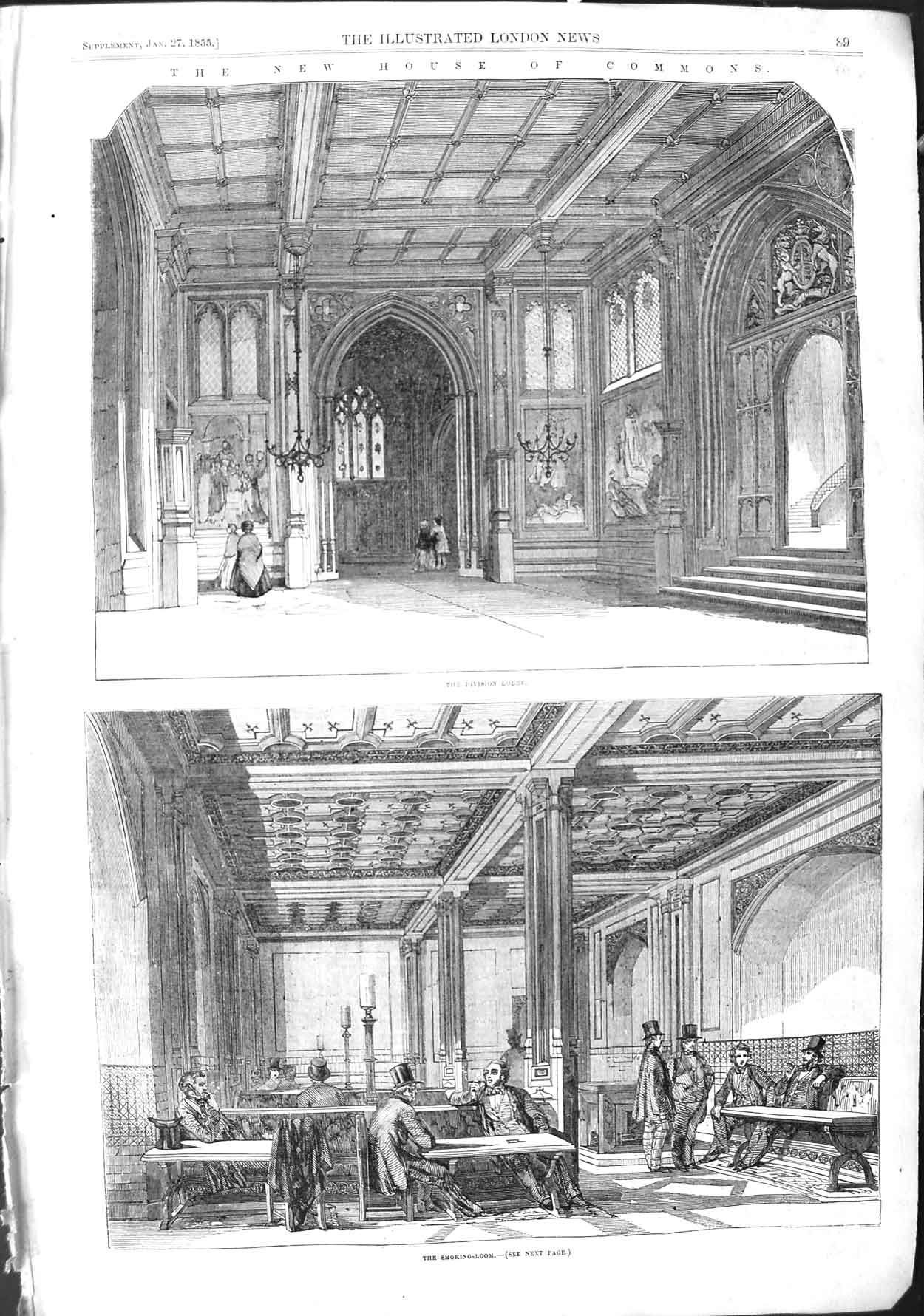 Old Antique Print 1855 House Commons Division Lobby Smoking Room London 19th