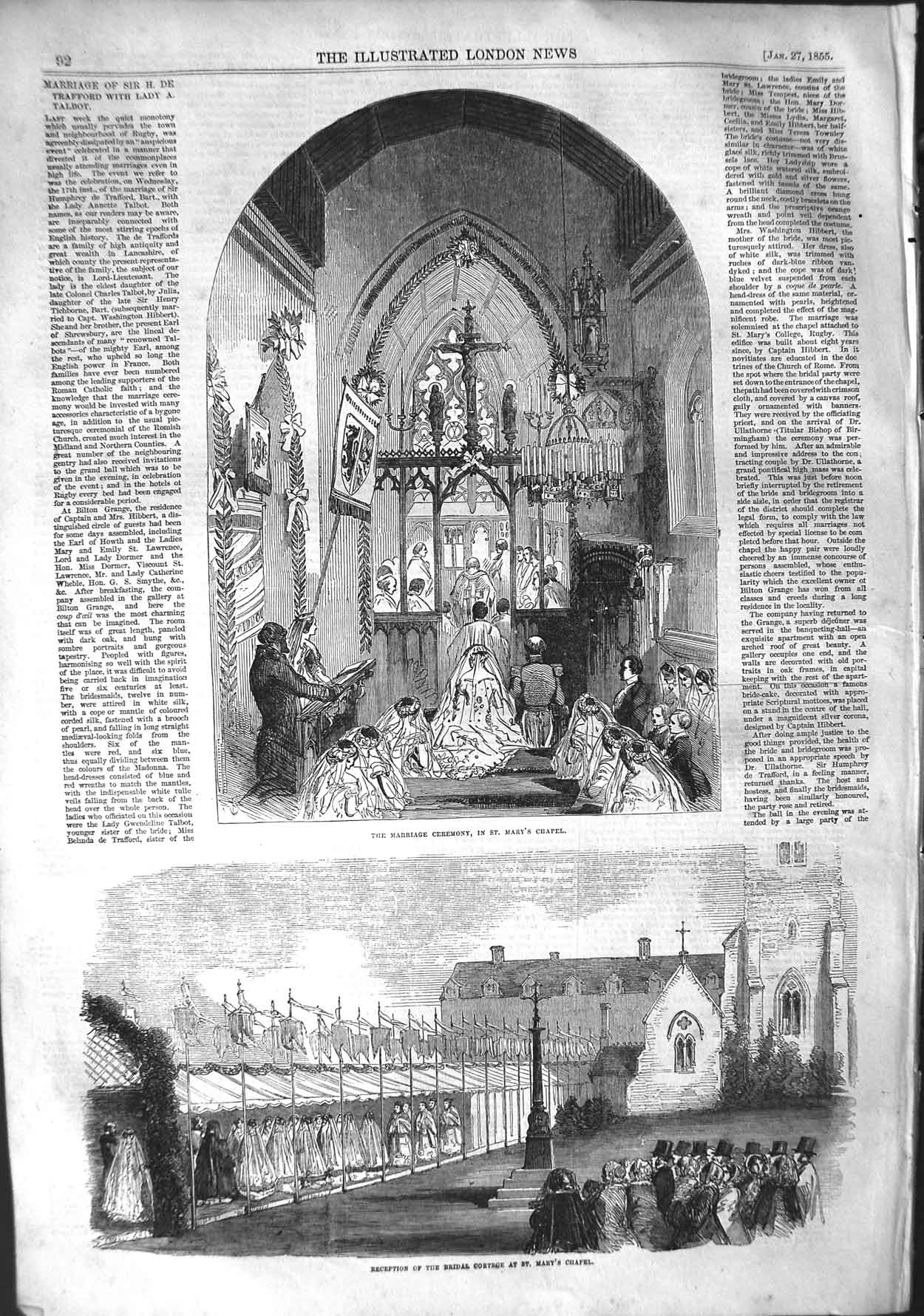 Old Antique Print 1855 Wedding Trafford Talbot St. Mary'S Chapel Marriage 19th