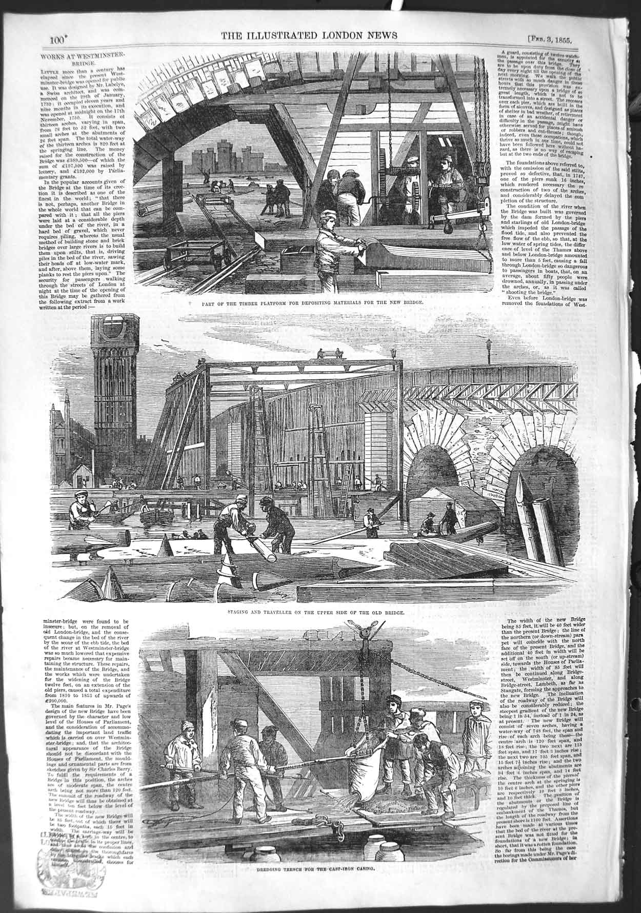 Old Antique Print 1855 Works Westminster Bridge Iron Engineering London 19th