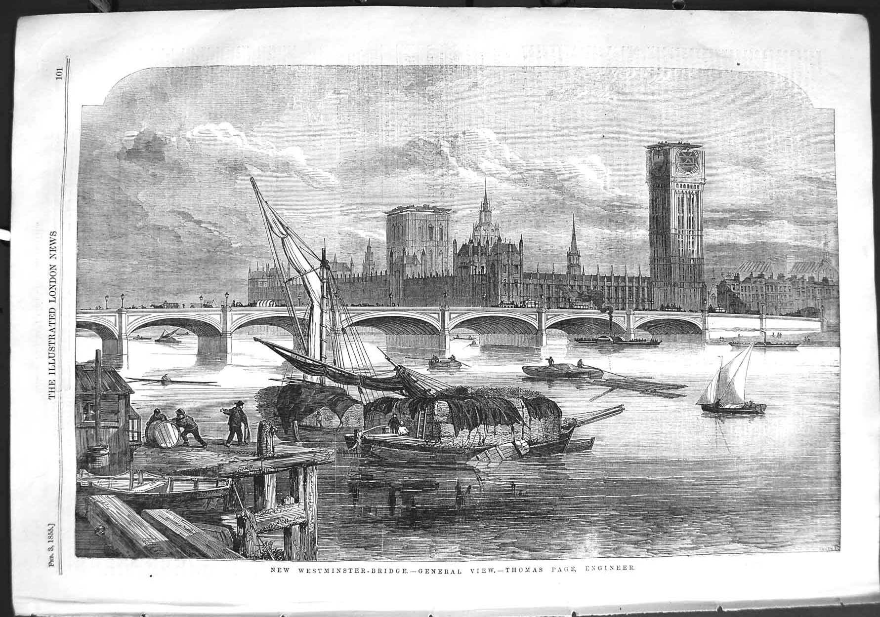 Old Antique Print 1855 New Westminster Bridge River Thames London Boats 19th