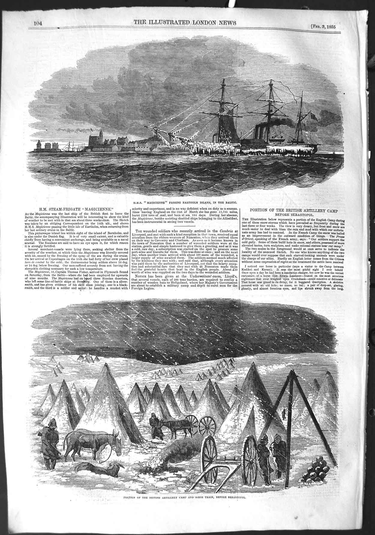 Old Antique Print 1855 Ship Magicienne Baltic British Camp Sebastopol War 19th