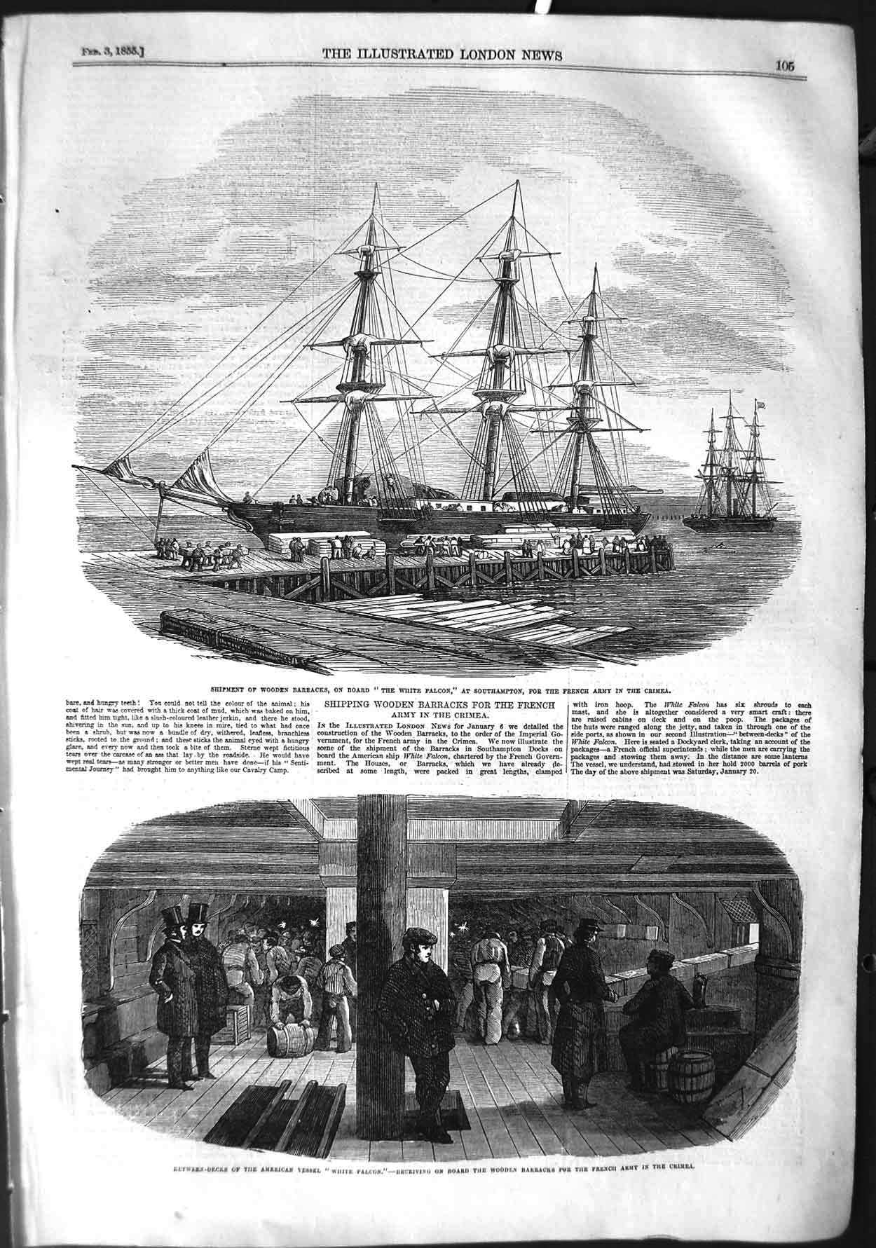 Original Old Antique Print 1855 Ship Wooden Barracks White Falcon Crimea War