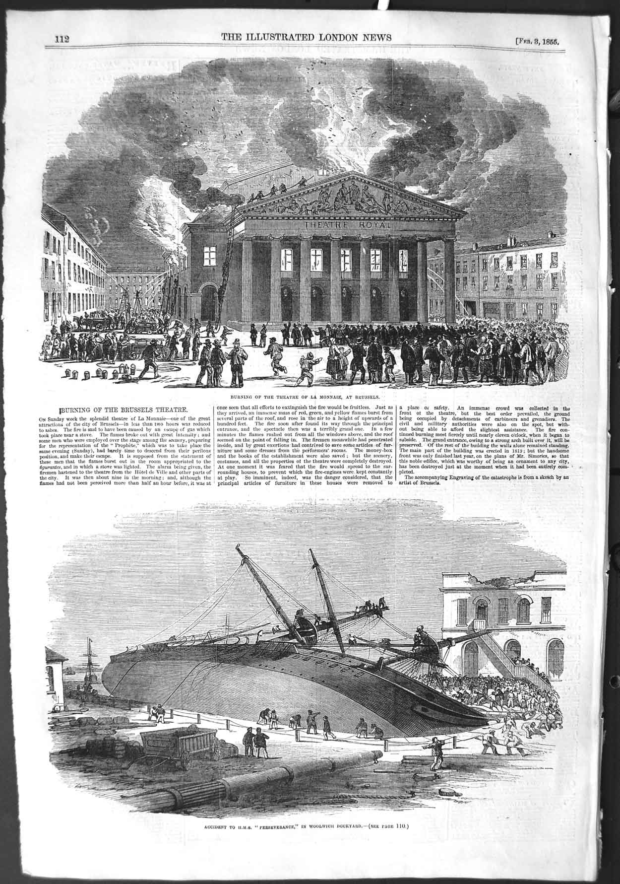 Original Old Antique Print 1855 Fire Theatre Monnaie Brussels Perseverance Ship