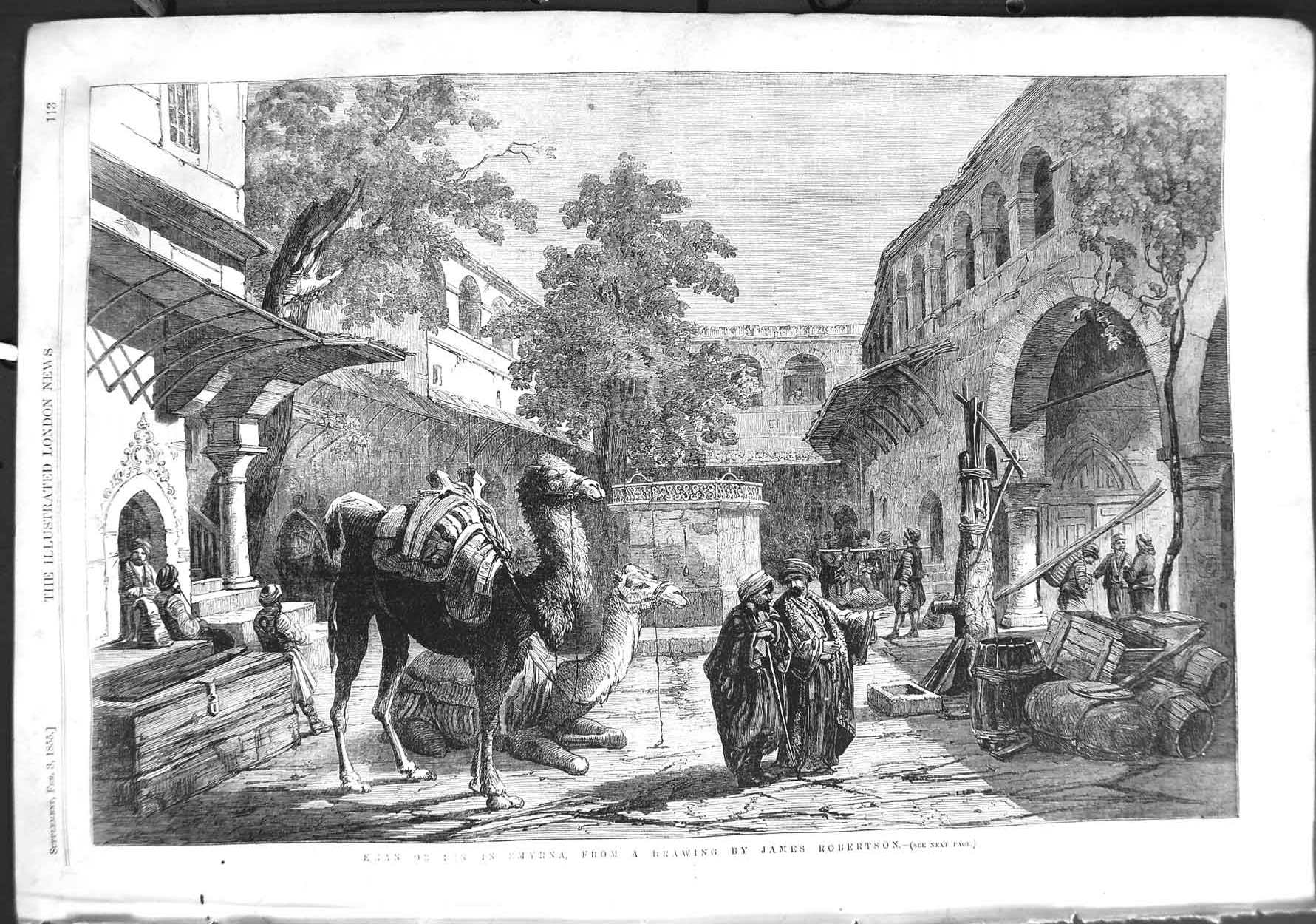 Original Old Antique Print 1855 Kran Inn Smyrna Camels James Robertson 19th