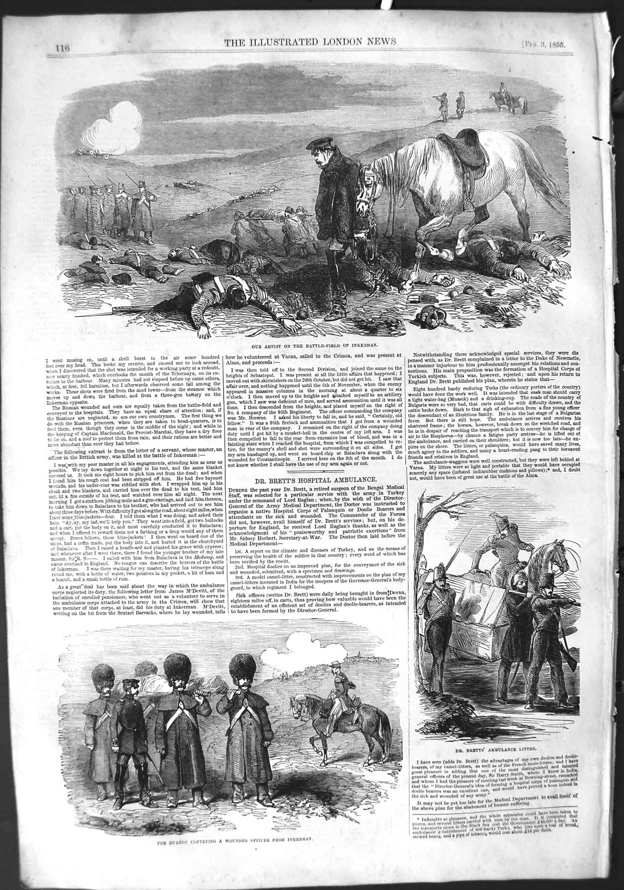 Original Old Antique Print 1855 Battle Fields Inkerman Bretts Ambulance Litter