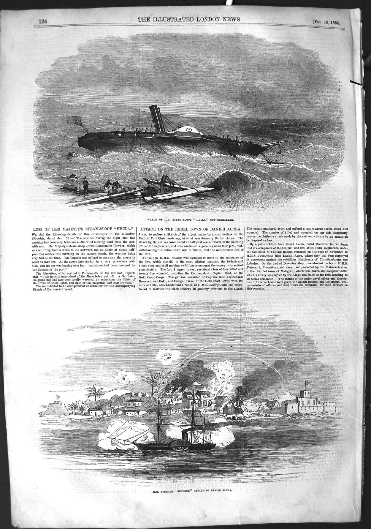 Original Old Antique Print 1855 Ship Wreck Helca Gibraltar Scourge Danish Accra