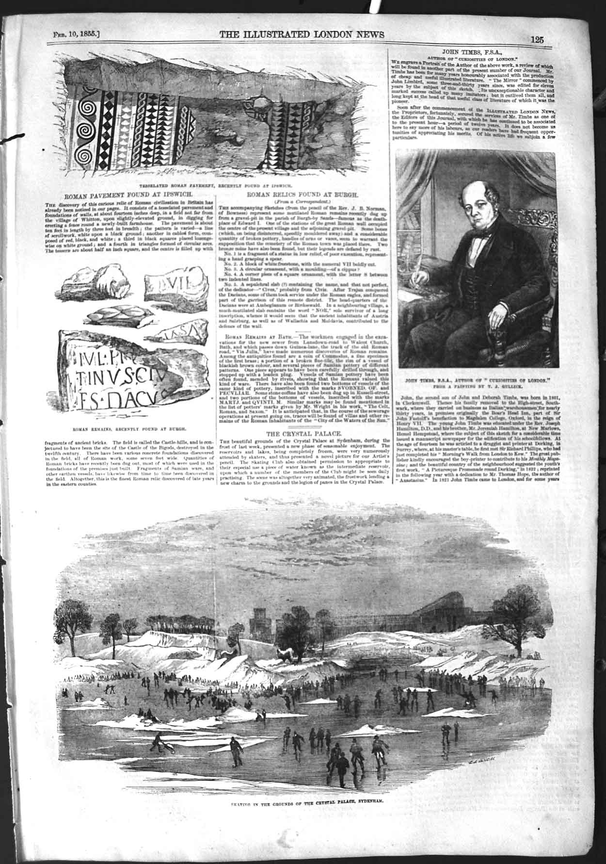Old Antique Print 1855 John Timbs Iskating Crystal Palace Sydenham Roman 19th