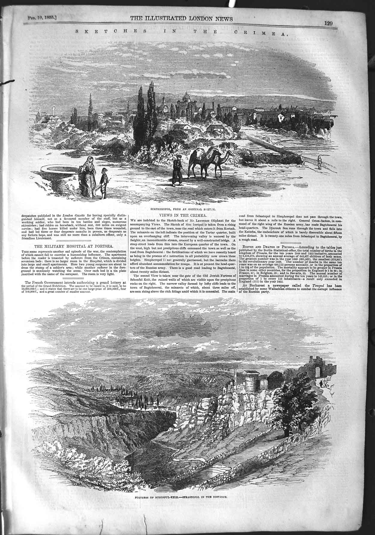 Original Old Antique Print 1855 Crimea War Simpheropol Fortress Schonful-Kele