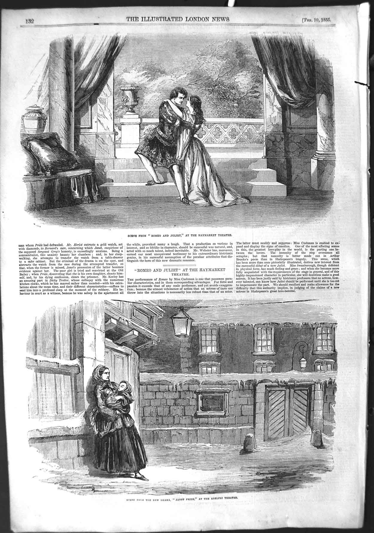 Old Antique Print 1855 Romeo Juliet Haymarket Theatre Janet Pride Adelphi 19th