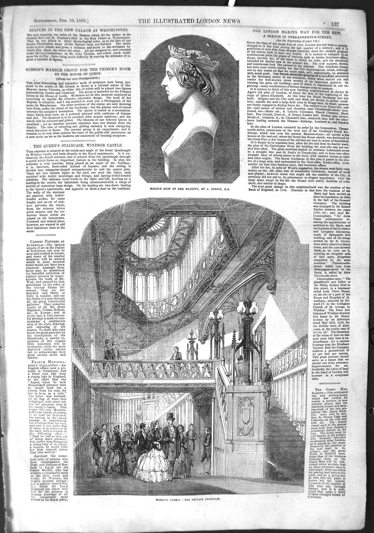 Old Antique Print 1855 Marble Bust Queen Gibson Windsor Castle Staircase 19th