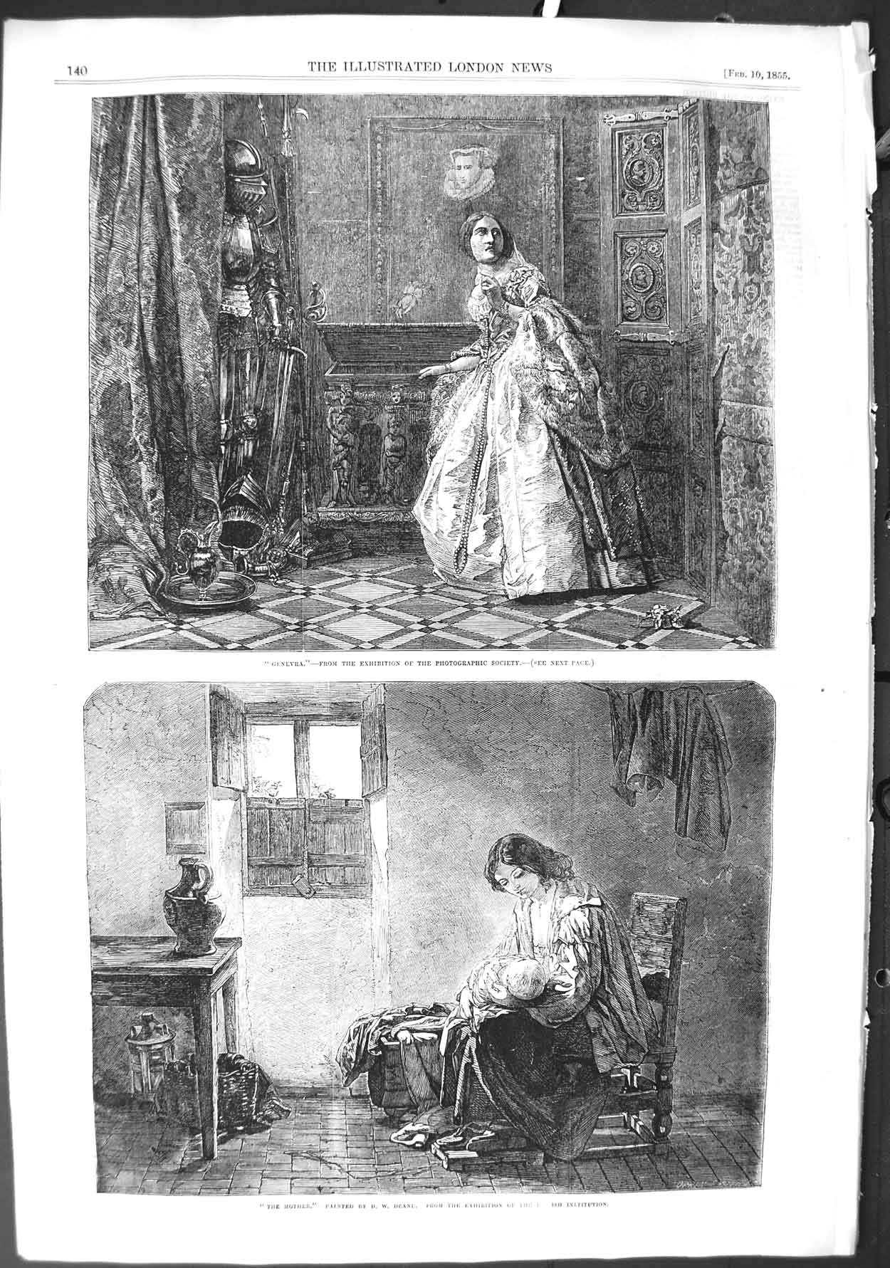 Original Old Antique Print 1855 Genevra Lady Knight Armour Mother Baby Fine Art
