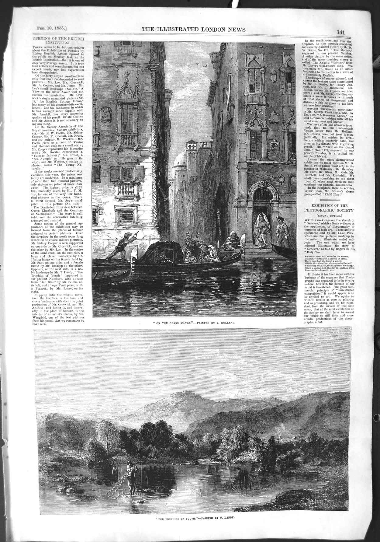 Original Old Antique Print 1855 Grand Canal Boats Gondola Trees Mountains Art