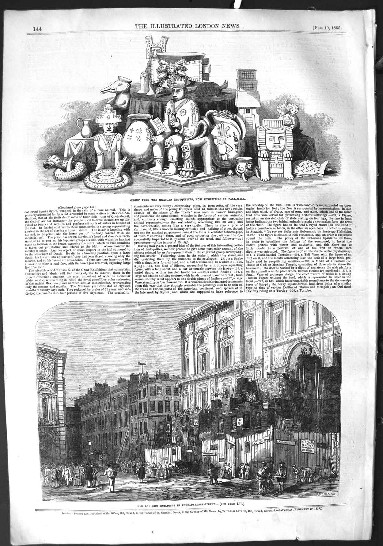 Old Antique Print 1855 Mexican Antiquities Pall-Mall Threadneedle-Street 19th