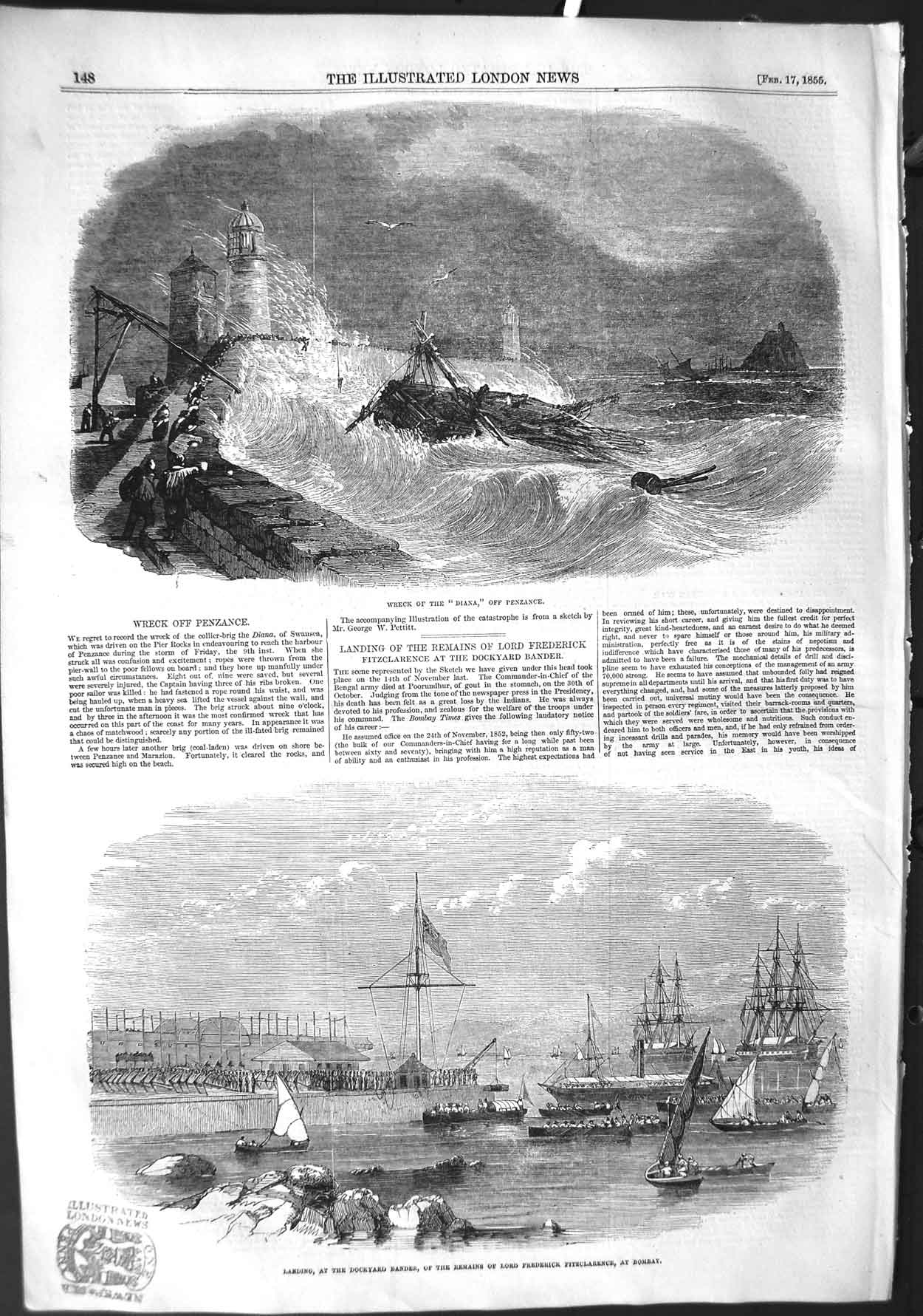 Old Antique Print 1855 Ship Wreck Diana Penzance Dockyard Bander Bombay 19th