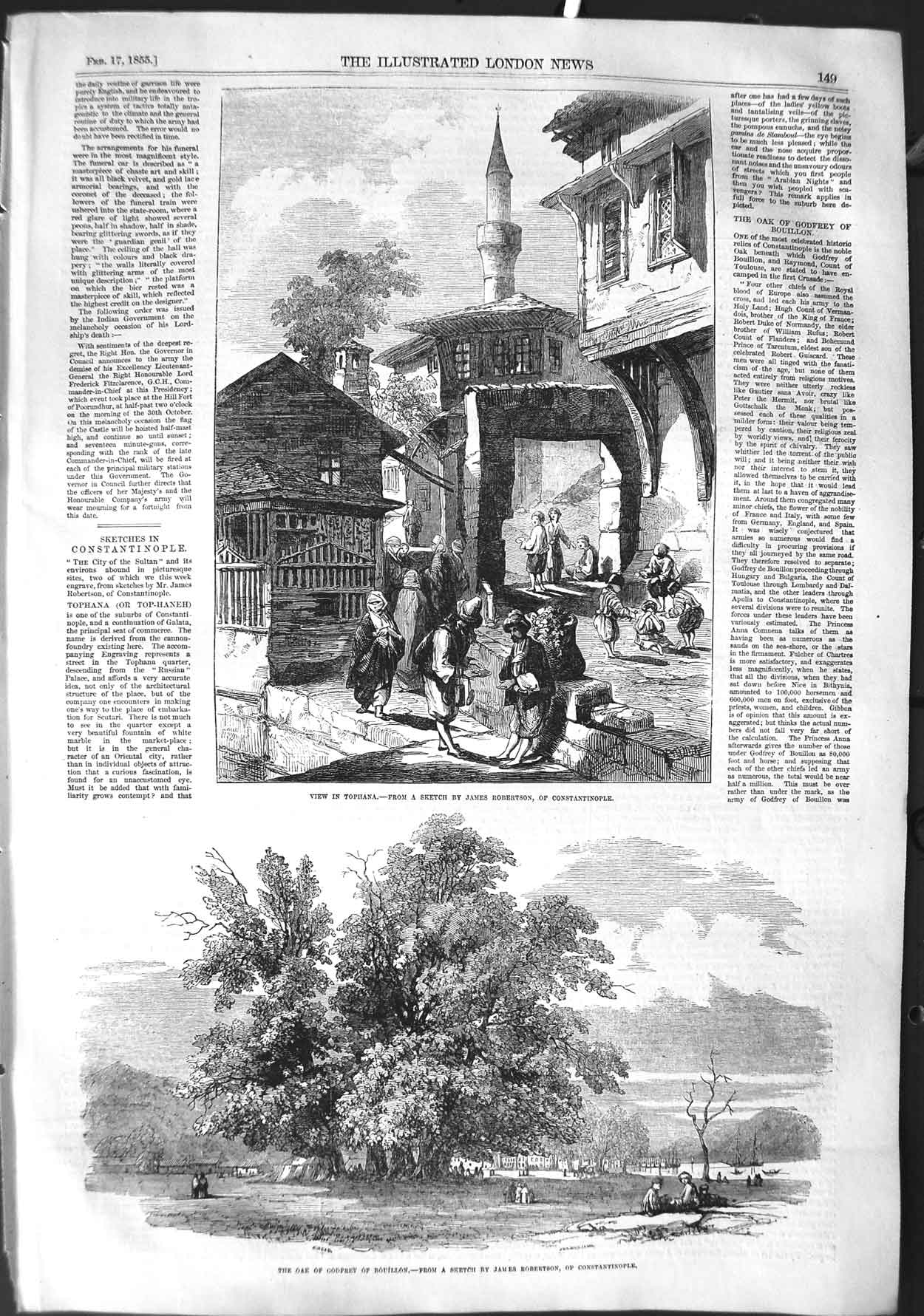 Original Old Antique Print 1855 Tophana Oak Tree Godfrey Boullion Constatinople