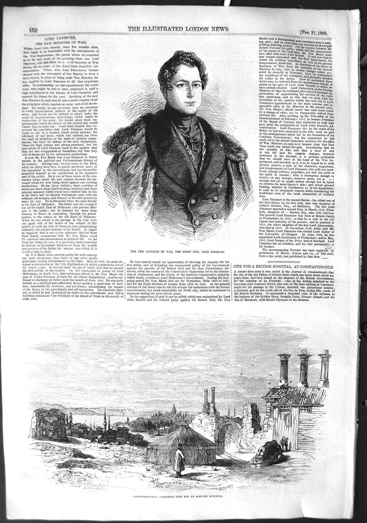 Old Antique Print 1855 Minister War Lord Panmure Constatinople Hospital 19th