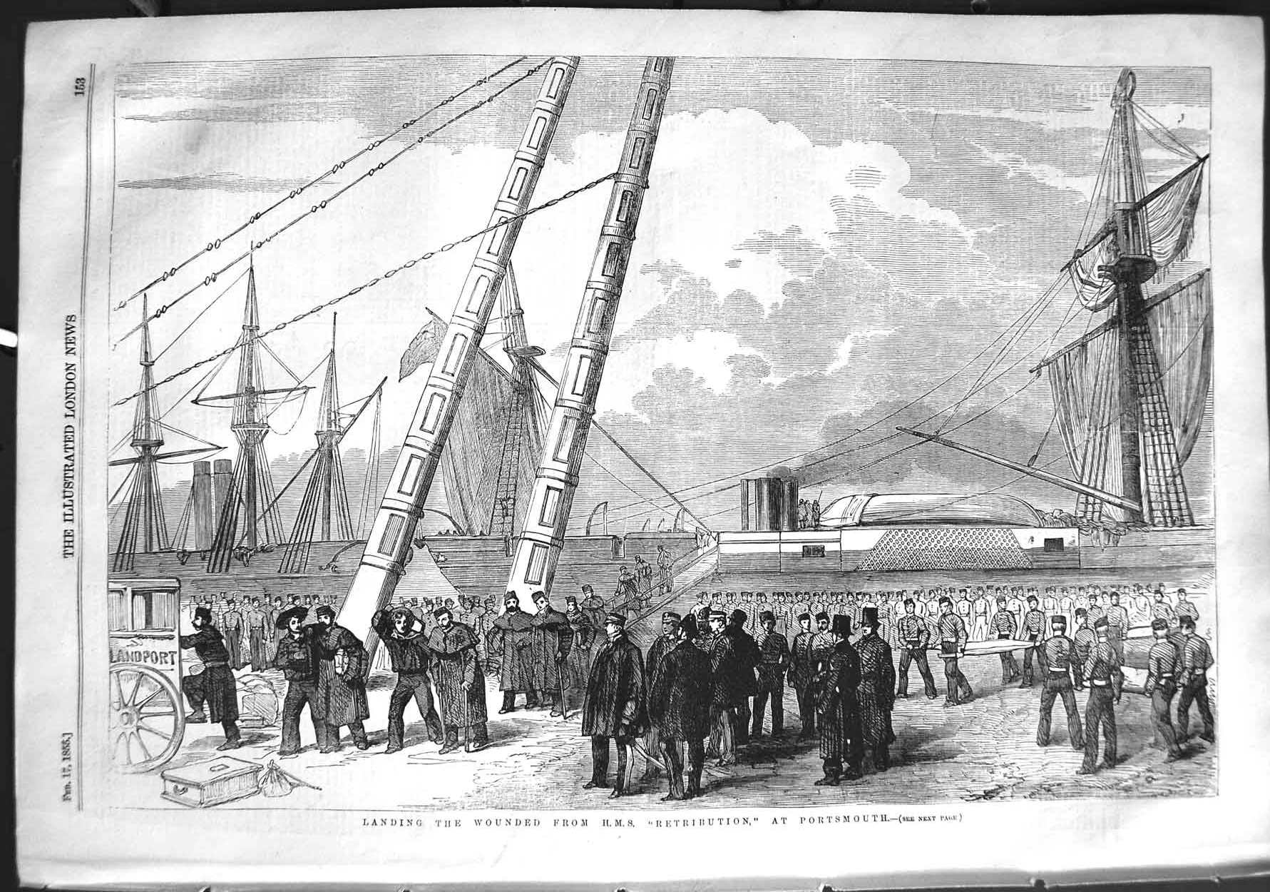 Old Antique Print 1855 Landing Wounded H.M.S. Retribution Ship Portsmouth 19th