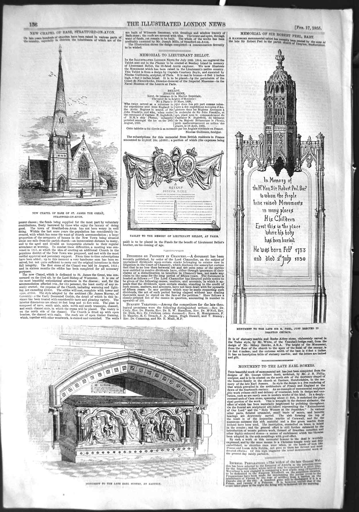 Original Old Antique Print 1855 Monument Earl Somers Eastnor Chapel Ease Bellot