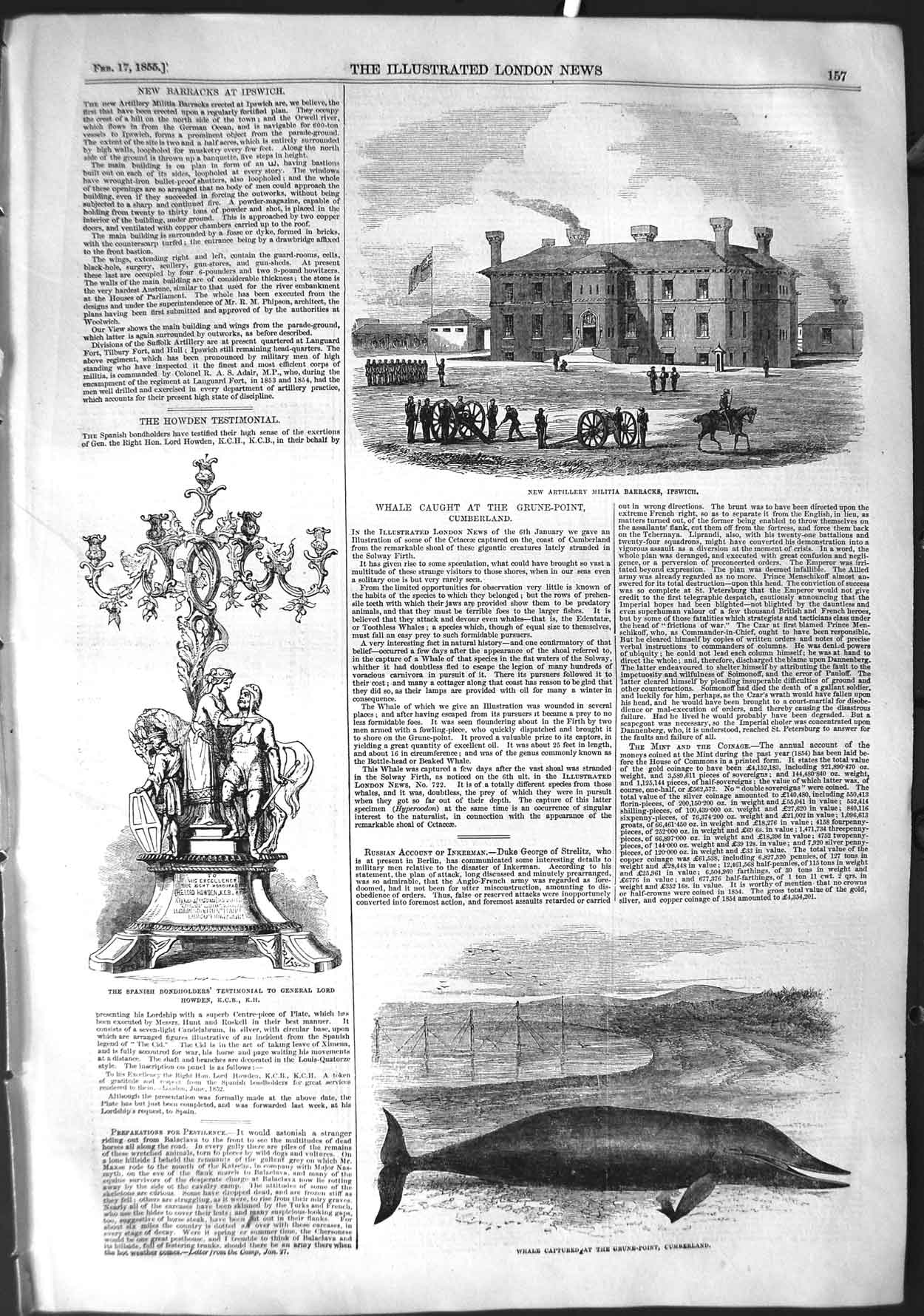 Old Antique Print 1855 Militia Barracks Ipswich Whale Cumberland Howden 19th