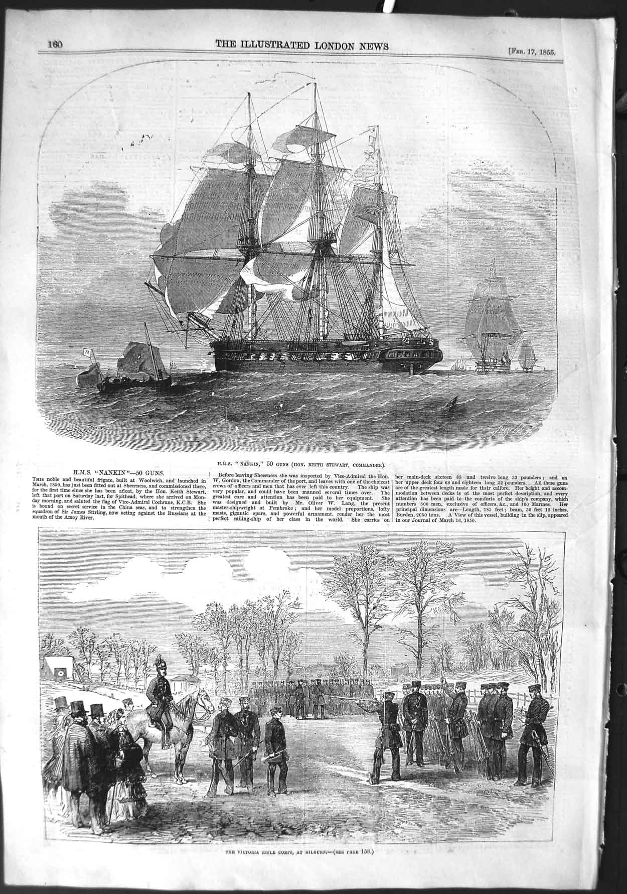 Old Antique Print 1855 Ship Nankin Keith Stewart Victoria Rifle Kilburn 19th