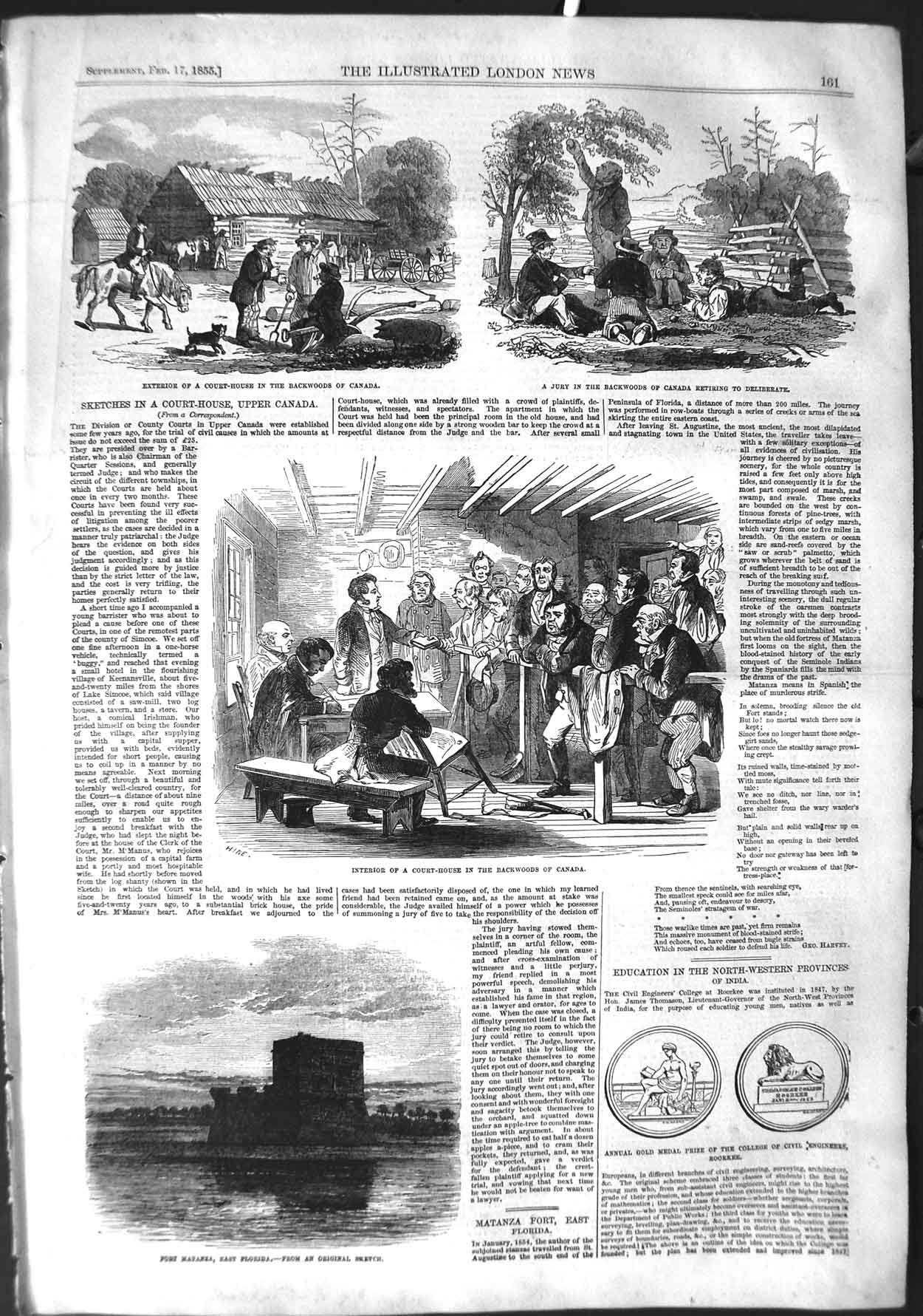 Original Old Antique Print 1855 Fort Matanza Florida Court Canada Medal Roorkee
