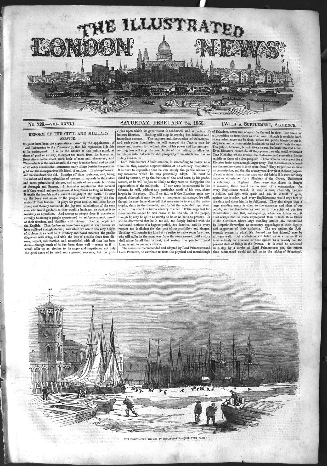 Original Old Antique Print 1855 River Thames Frozen Frost Billingsgate London