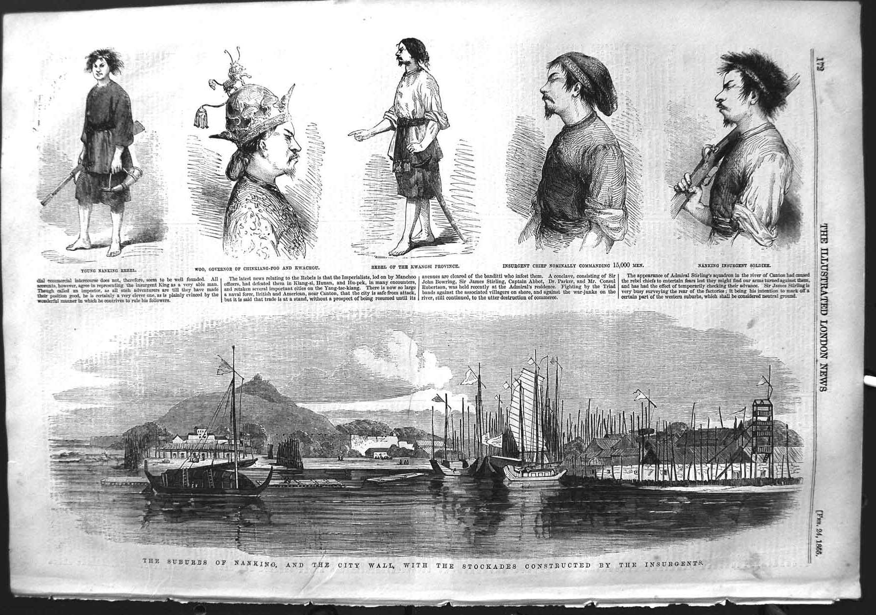 Original Old Antique Print 1855 Nanking Rebel Chinkiang-Foo Insurgent Victorian