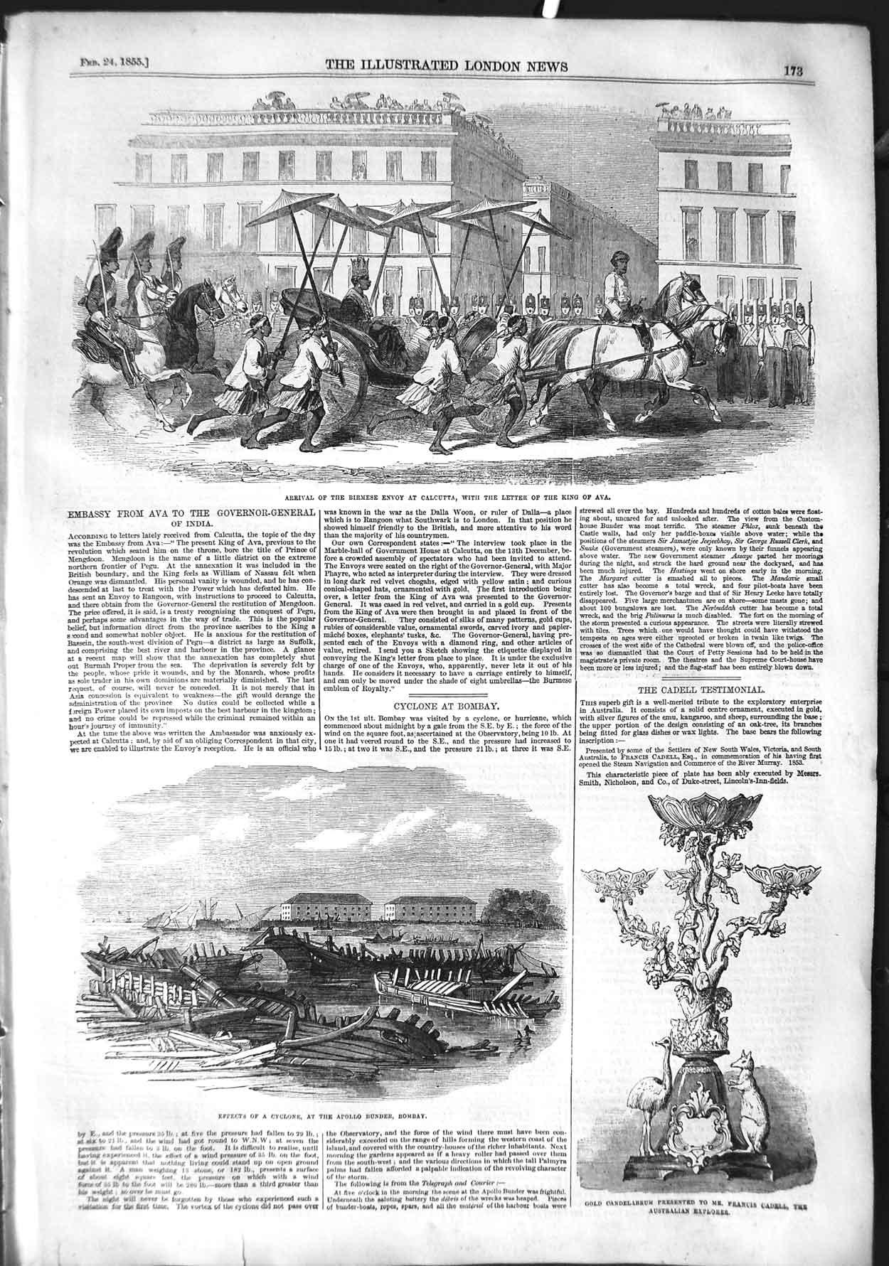 Original Old Antique Print 1855 Birmese Calcutta Cyclone Apollo Bombay Cadell