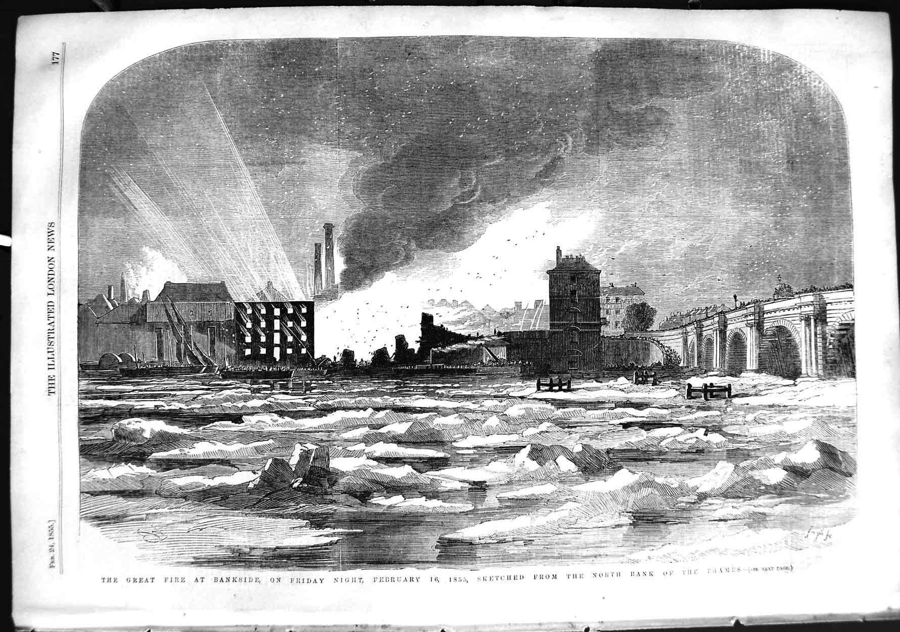 Original Old Antique Print 1855 Fire Bankside River Thames Bridge Ice London
