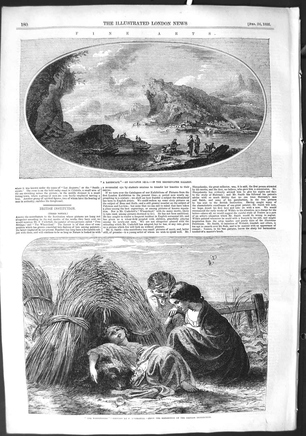 Original Old Antique Print 1855 Landscape Salvator Art Wheatsheaf Children Farm