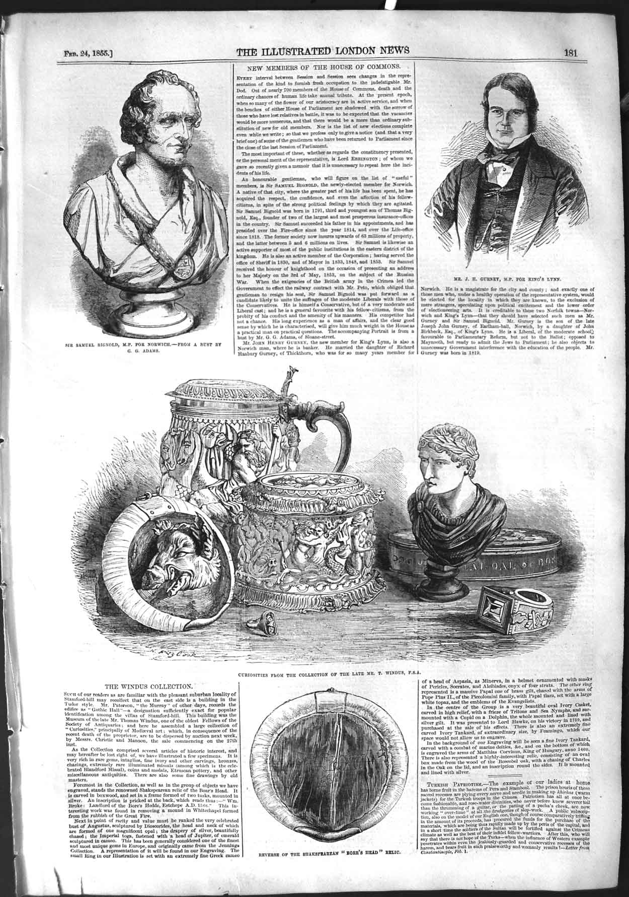Original Old Antique Print 1855 Samuel BignGurney Windus Bore'S Head Relics