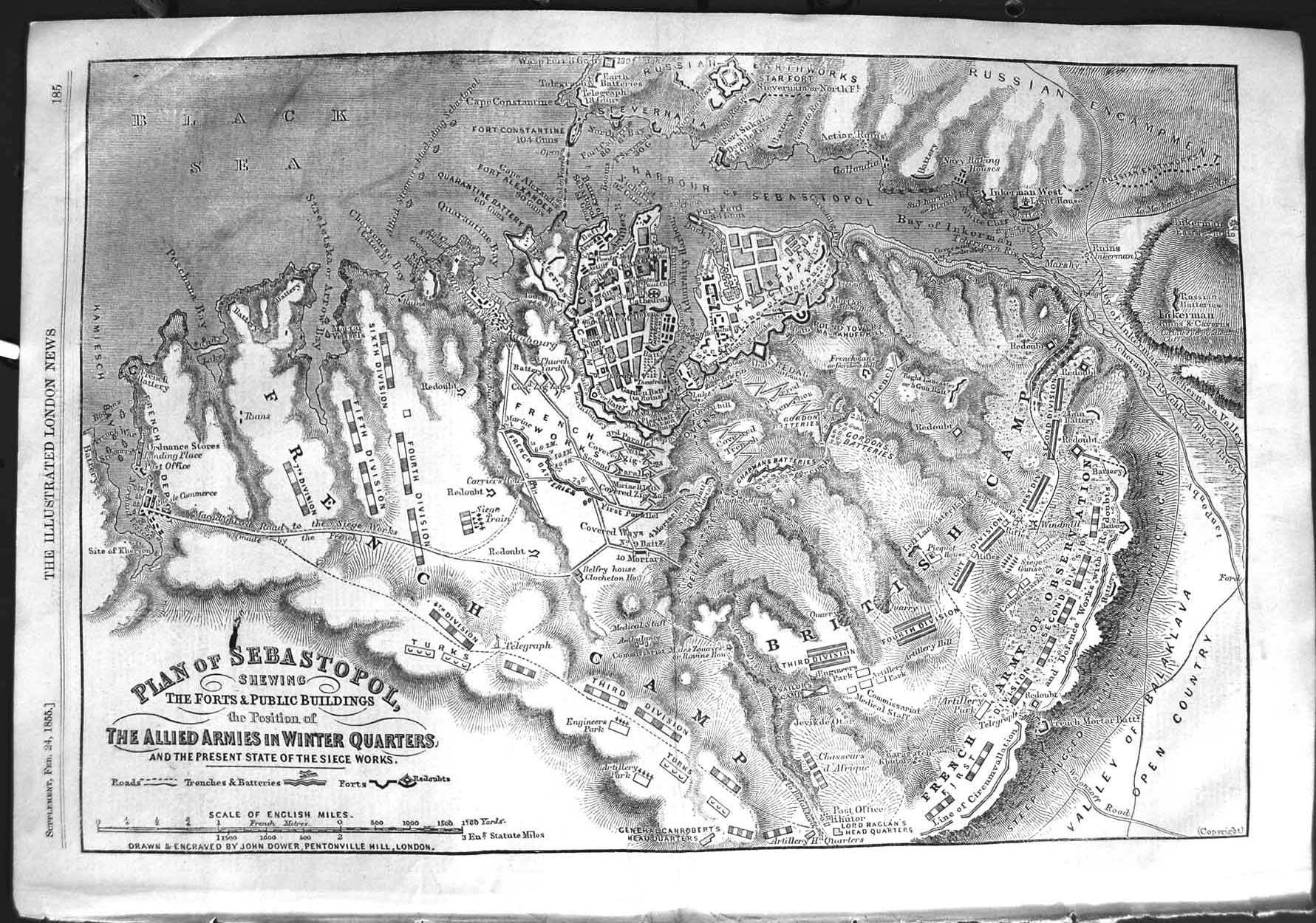 Original Old Antique Print 1855 Plan Map Sebastopol Forts Public Building 19th