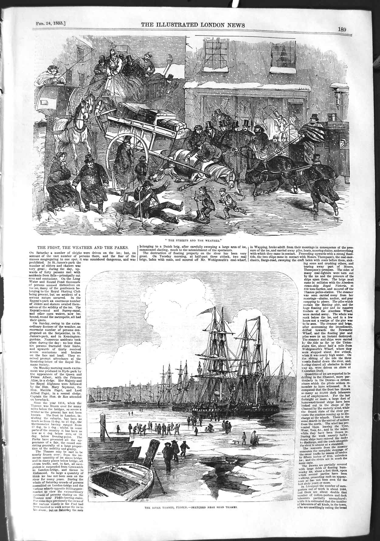 Original Old Antique Print 1855 Streets Weather London Ice Winter Ships Thames