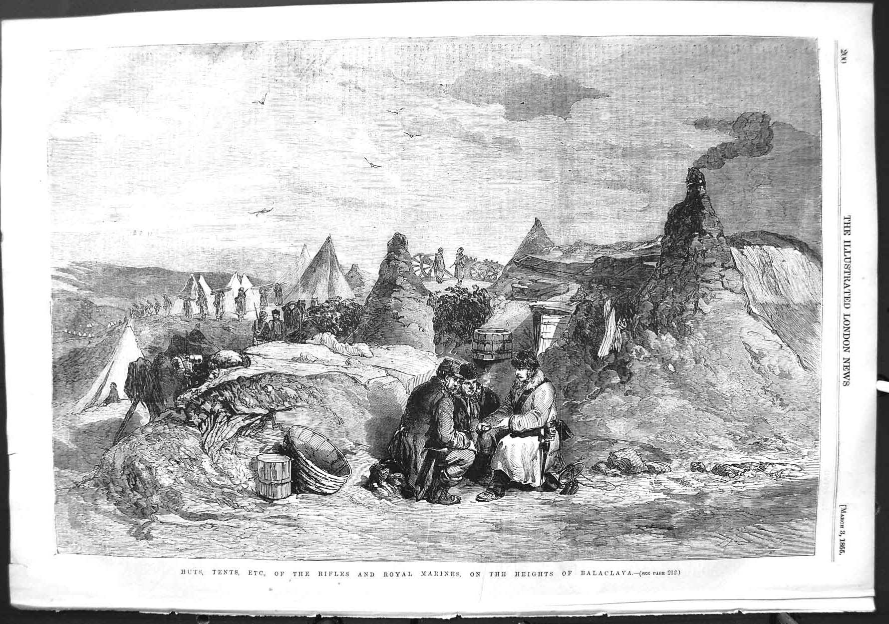 Old Antique Print 1855 Huts Tents Rifles Royal Marines Heights Balaclava 19th