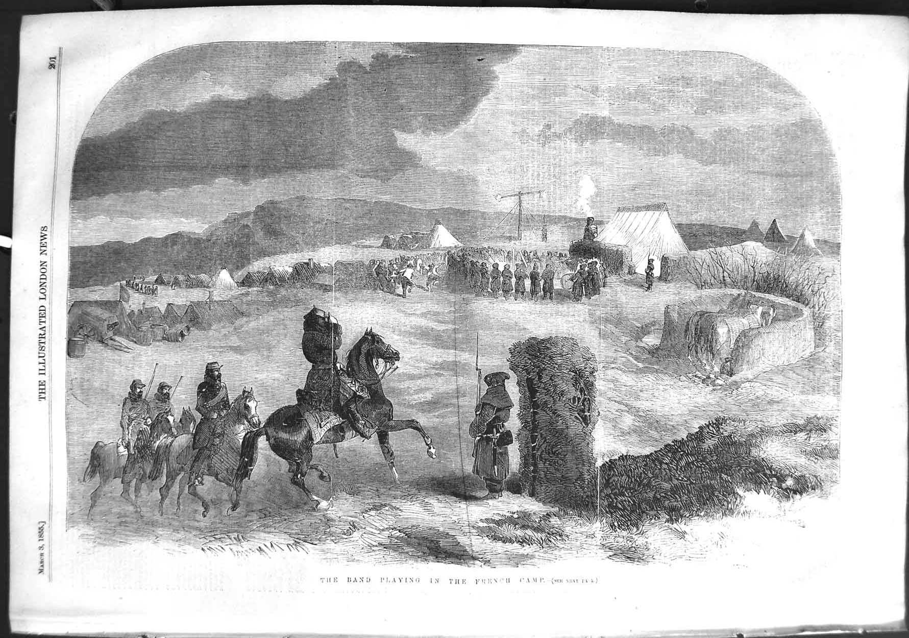 Original Old Antique Print 1855 Siers Music Band Playing French Camp War Horses