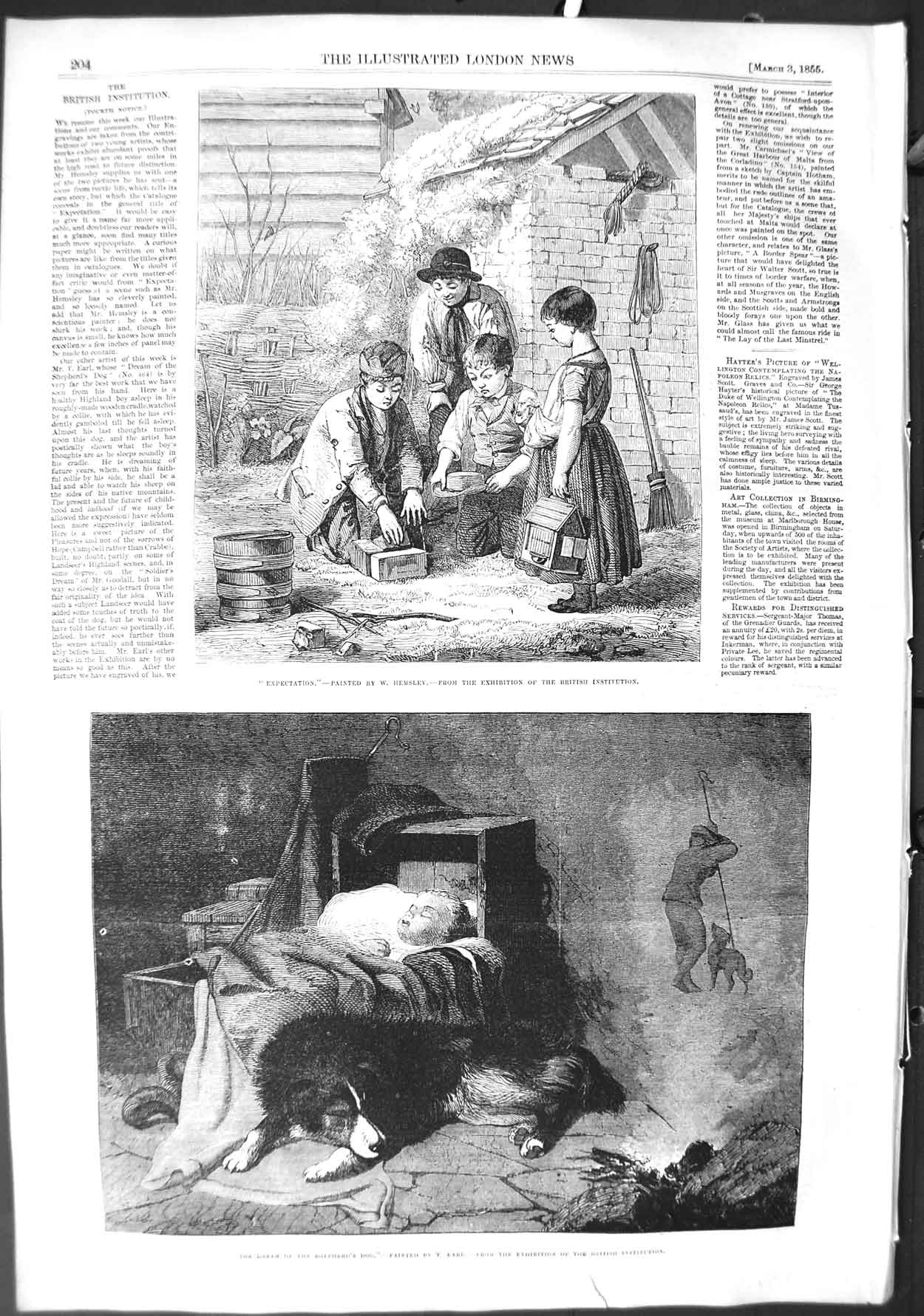 Old Antique Print 1855 Shepherd'S Dog Sleeping Baby Art Children Hemsley 19th