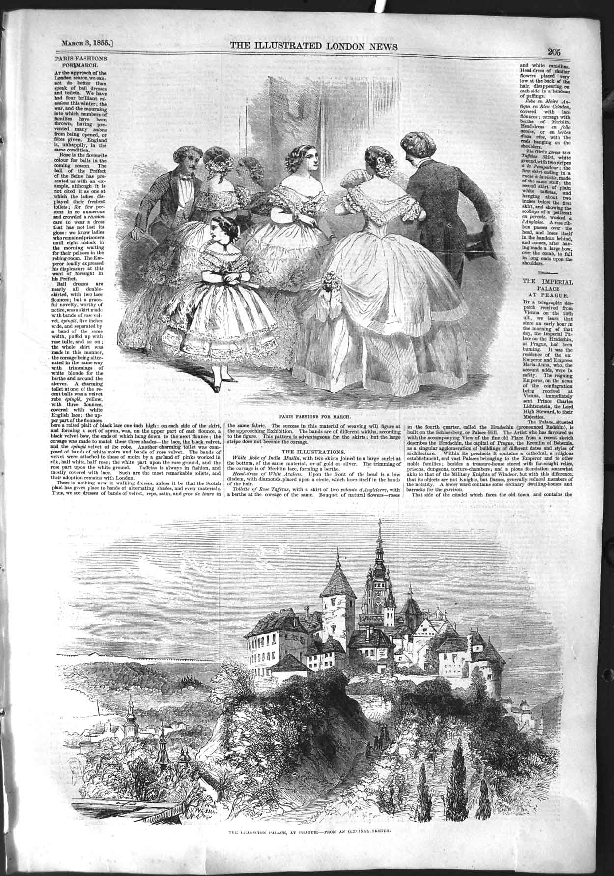Original Old Antique Print 1855 Paris Fashion Hradschin Iperial Palace Prague