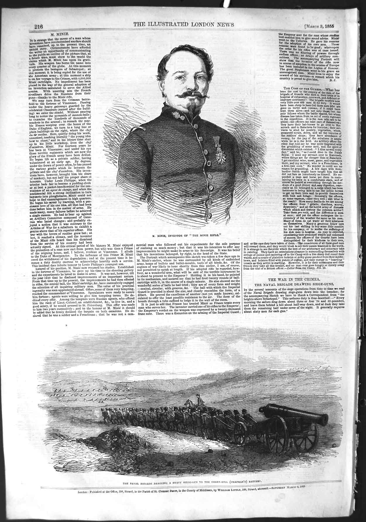 Old Antique Print 1855 Minie Inventor Rifle Naval Brigade Siege-Gun Green 19th
