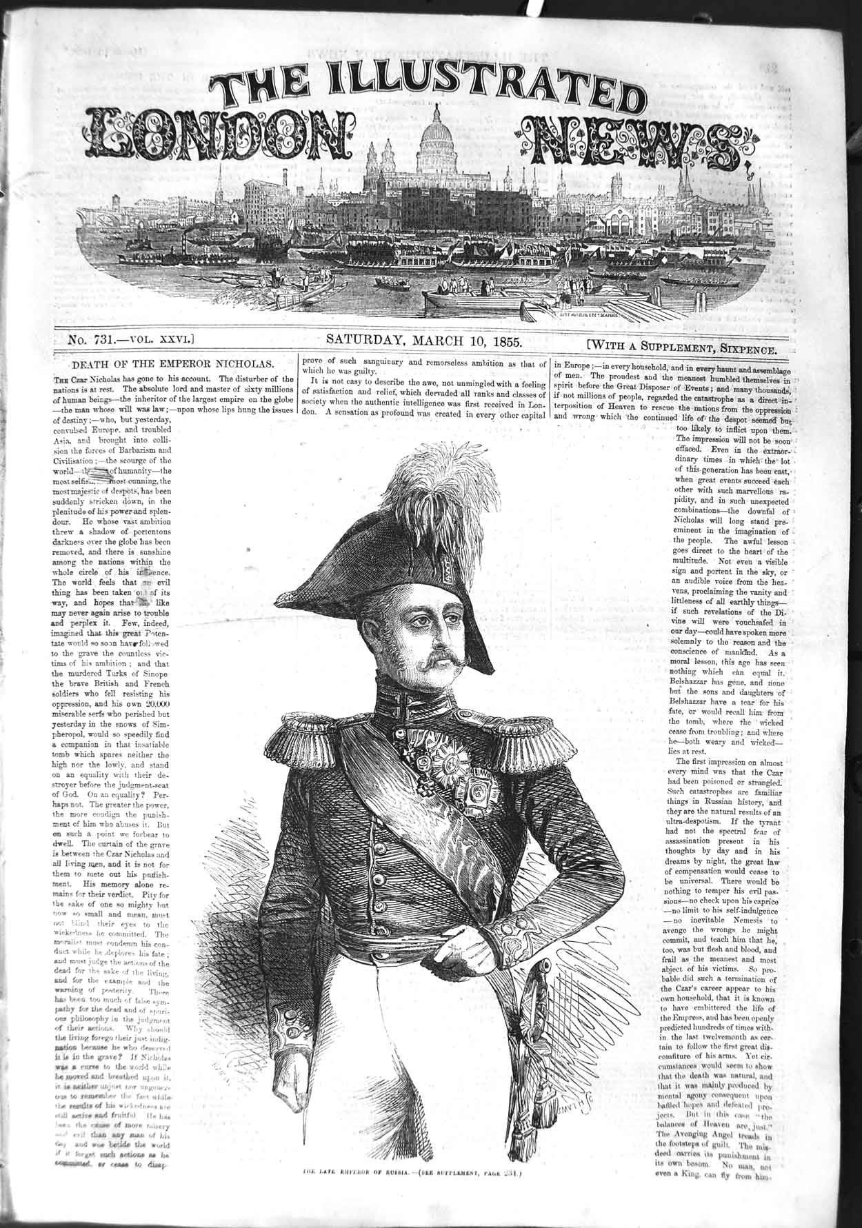 Original Old Antique Print 1855 Portrait Emperor Russia Czar Nicholas Victorian