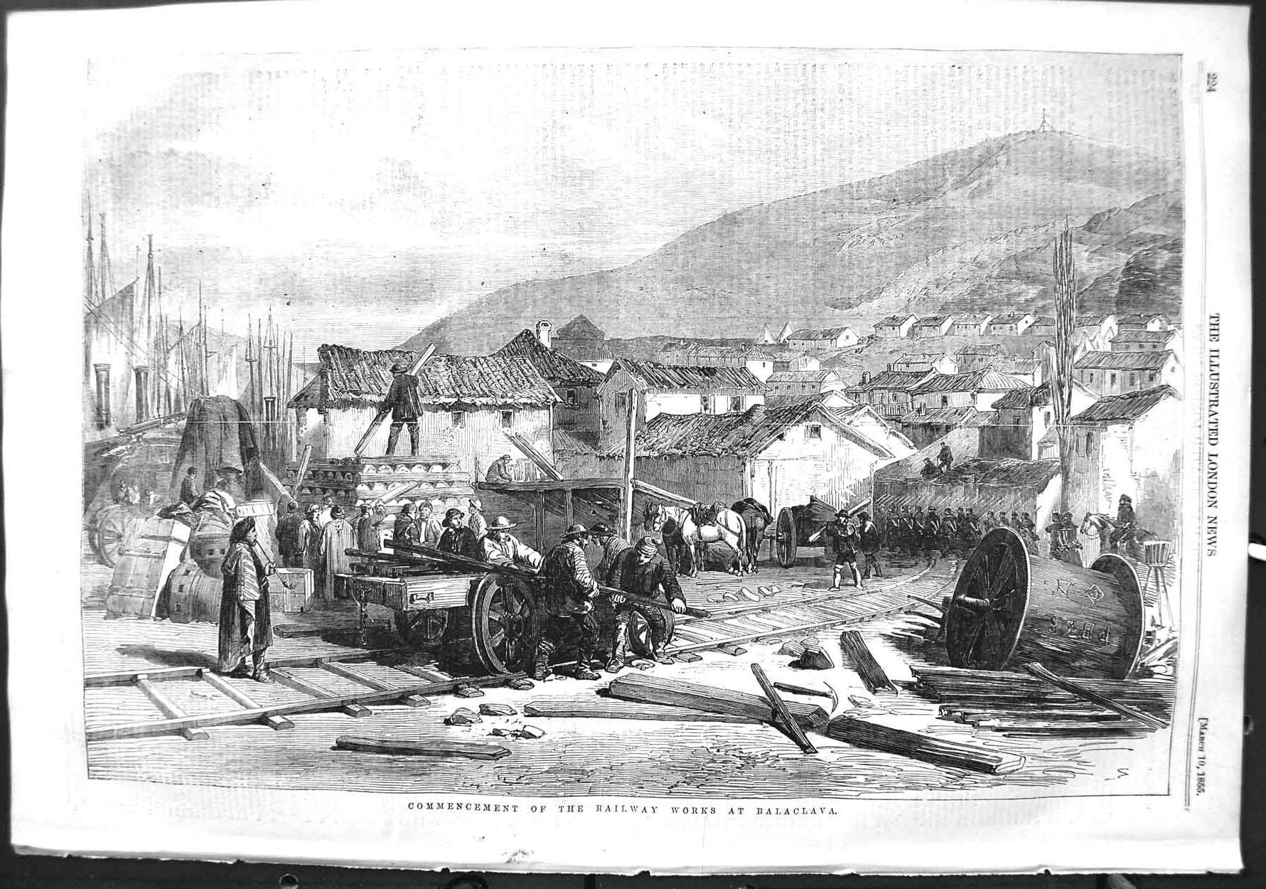 Original Old Antique Print 1855 Commencement Railway Works Balaclava War Siers