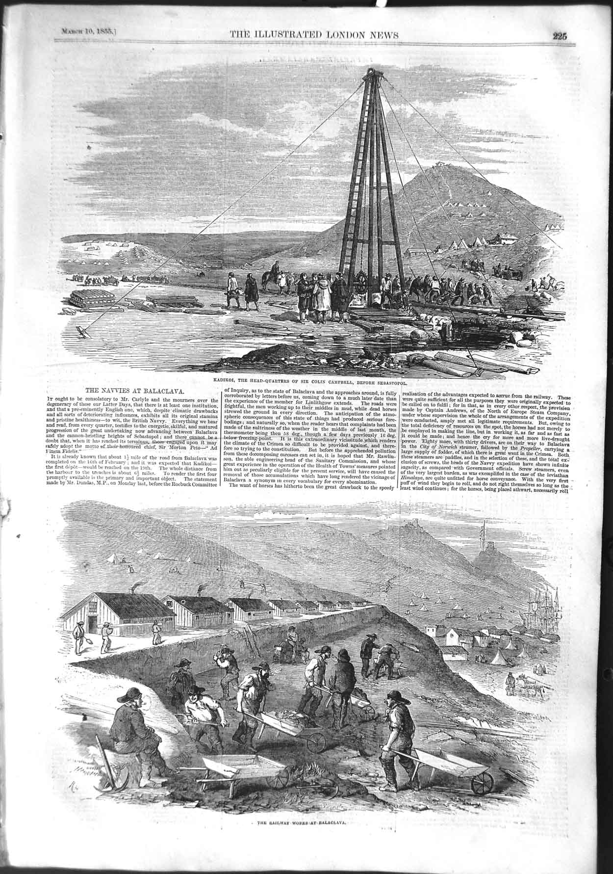 Old Antique Print 1855 Kadikoi Campbell Sebastopol Railway Balaclava War 19th