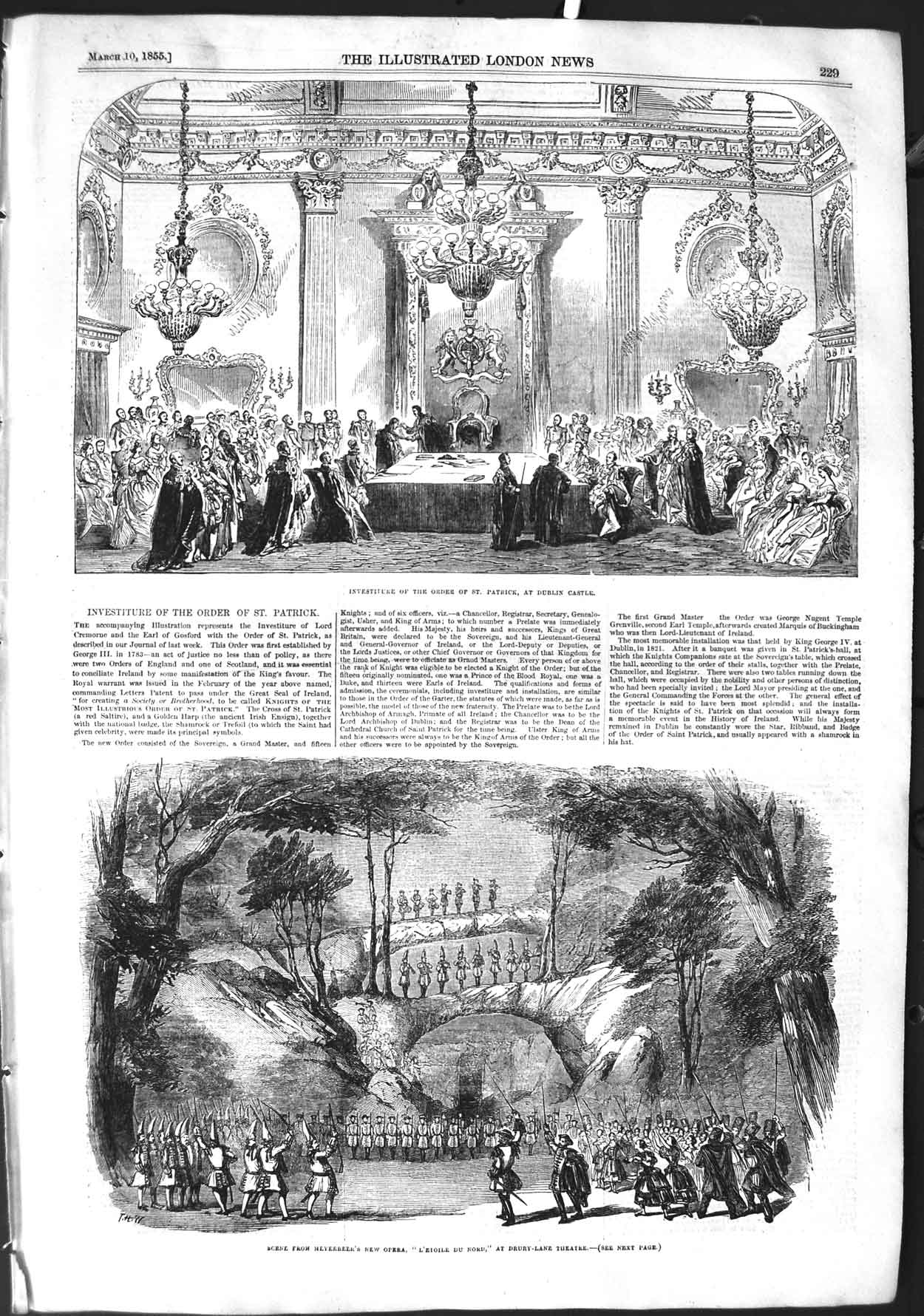 Old Antique Print 1855 St. Patrick Dublin Castle Opera Drury Theatre Nord 19th