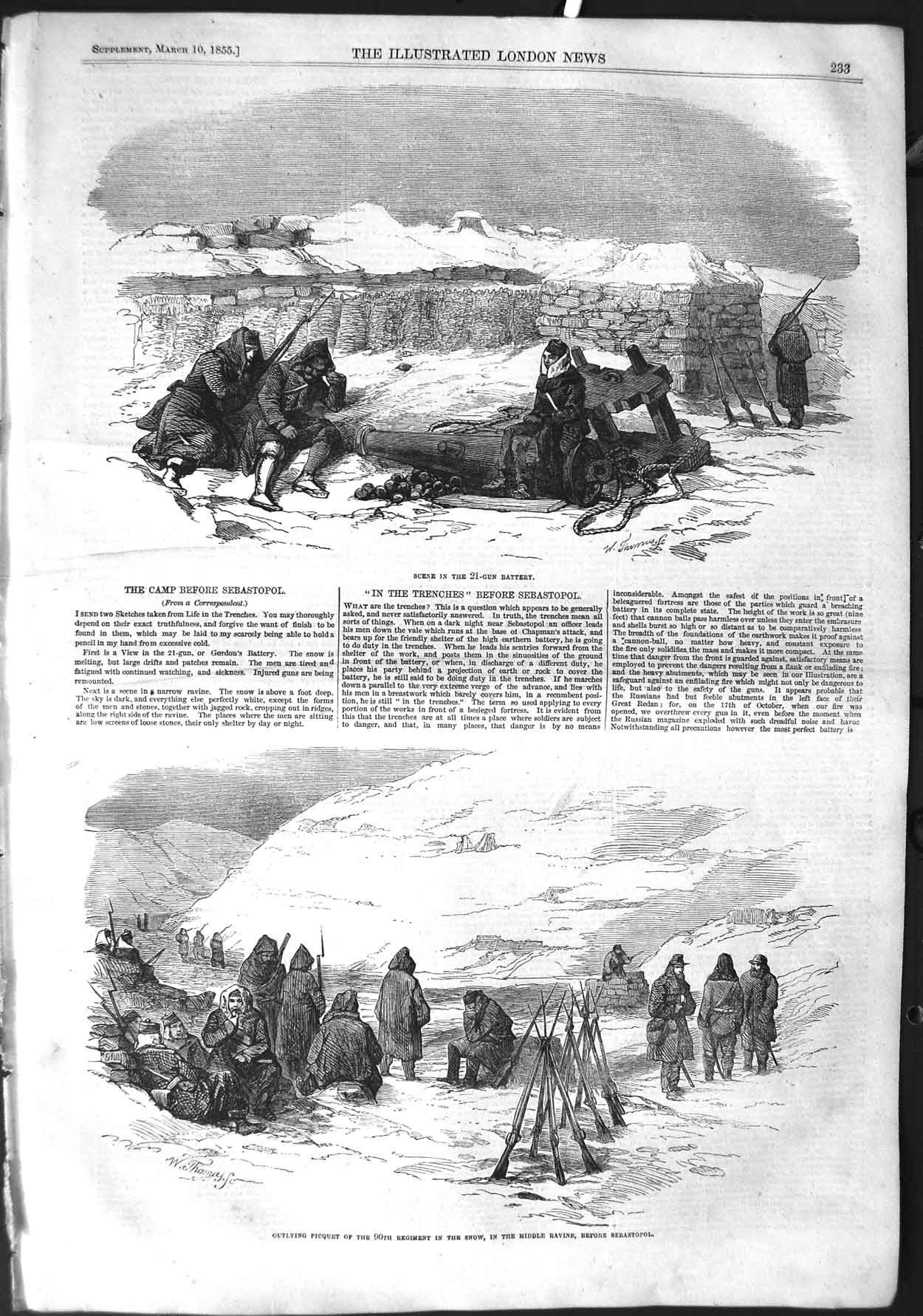 Original Old Antique Print 1855 Picquet Siers Snow Sebastopol Gun Battery War