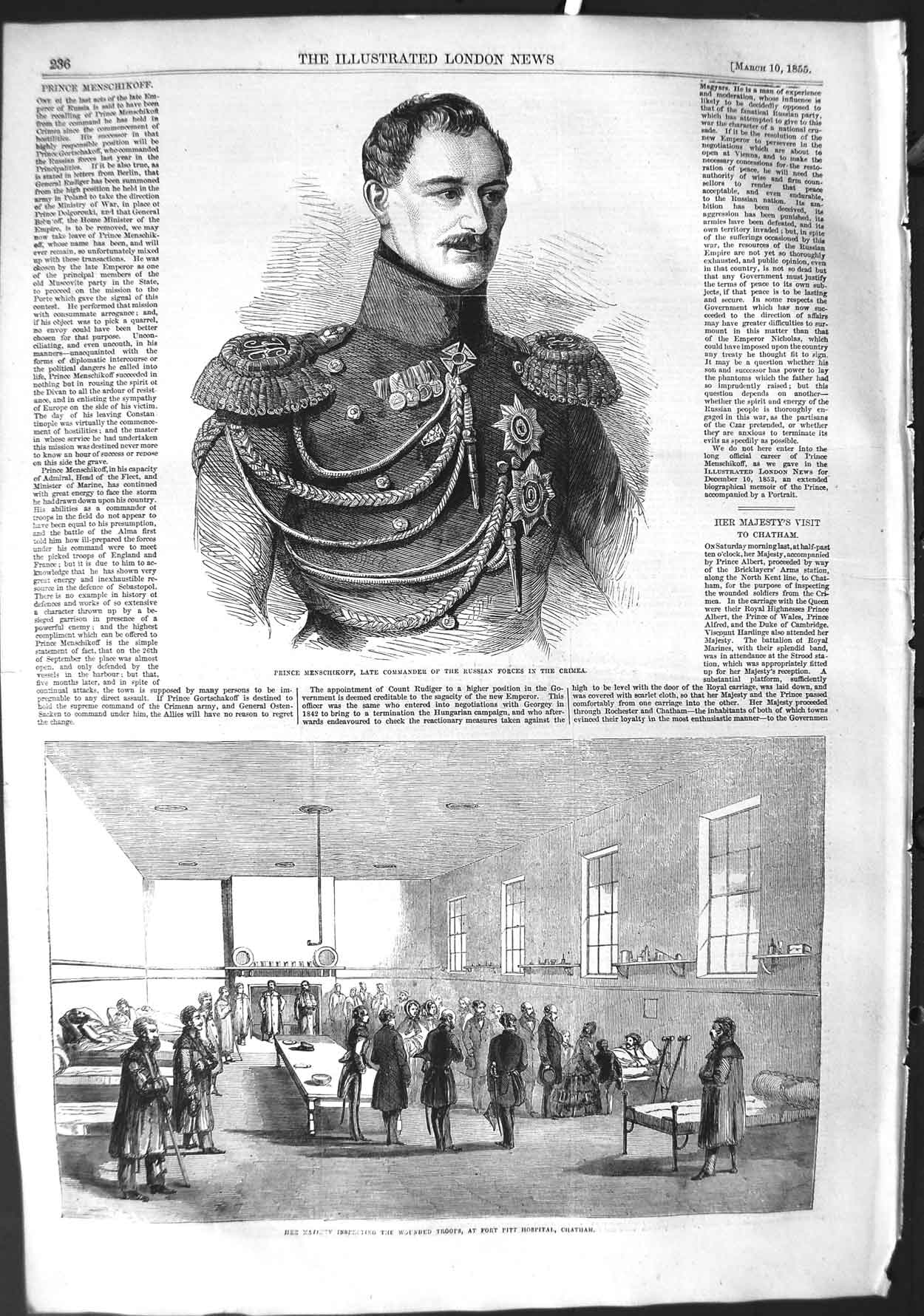 Original Old Antique Print 1855 Prince Menschikoff War Crimea Chatham H 19th